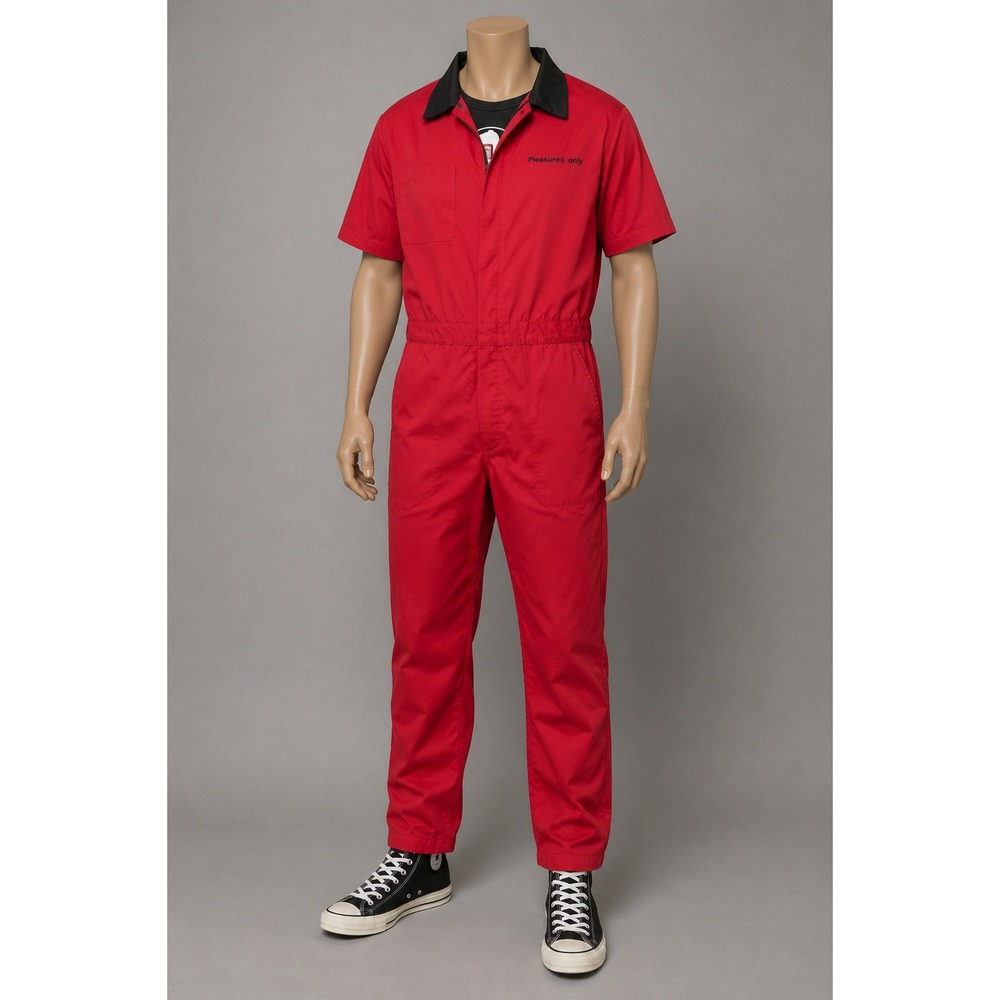 4Hunnid Kut & Sew Mens Red Short Sleeve Jumpsuit Coverall Bulldog Beware Size M‎